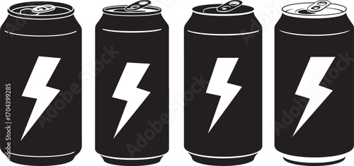 Four black energy drink cans with white lightning bolt symbols silhouette