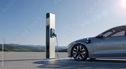 Modern electric car connected to a sleek charging station in a scenic outdoor landscape under a clear blue sky