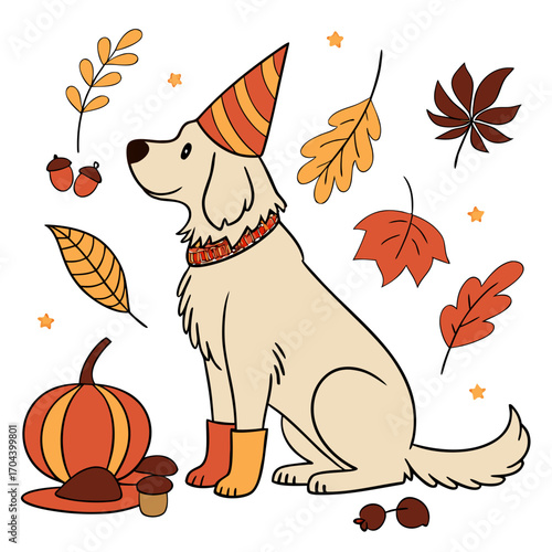 Vector illustration of a Funny Golden Retriever with wearing a party hat, styled in a Autumn theme using Autumn Leaves colors
