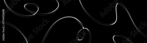 3d chrome spiral background. Silver metal curve element on black bg. Y2k fluid wave, flow swirl, 3d line path. Dynamic steel shapes. Vector illustration
