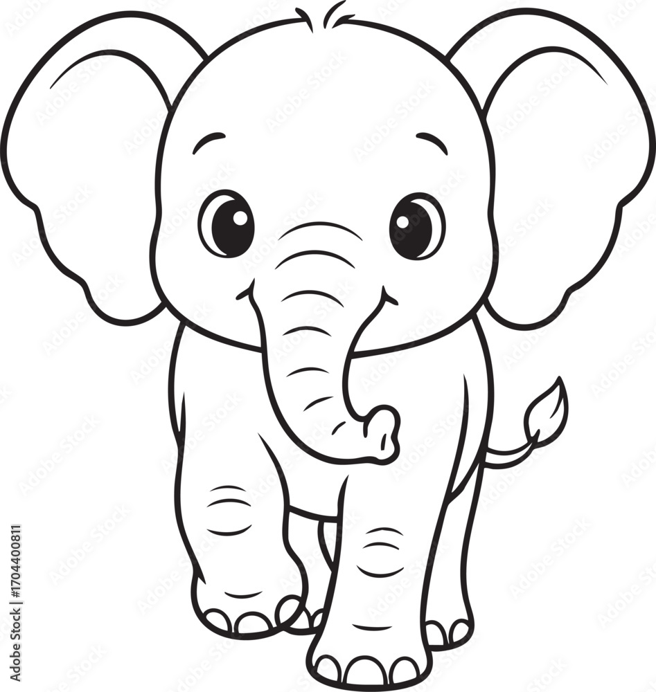 Naklejka premium Cute chibi baby elephant with big ears playful smile coloring page outline illustration