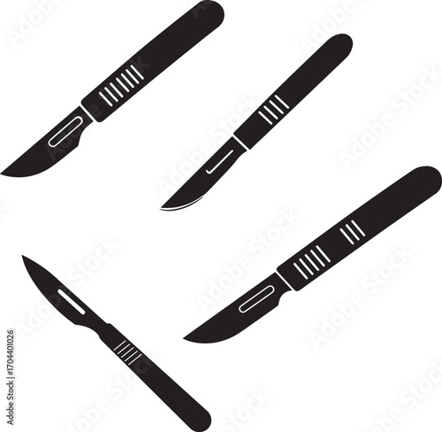 Collection of four surgical scalpels in a silhouette style