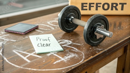 Gym Setup with a Dumbbell on a Table and Notes for Motivation