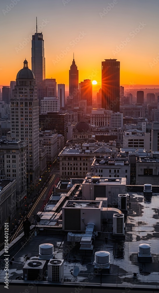 Obraz premium A vibrant cityscape at sunrise, showcasing towering structures and a warm golden light, with rooftop mechanical systems adding an urban industrial touch.