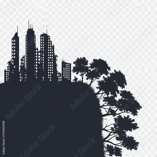 urban skyline with silhouette of trees and buildings