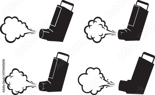 Four black asthma inhaler silhouettes releasing white puffs of medication silhouette