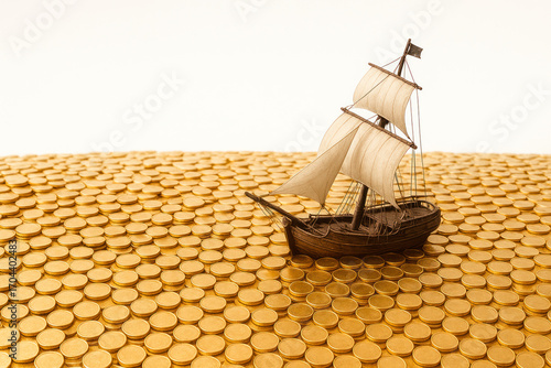 A sailing ship sails on a sea of gold coins. Space for text.