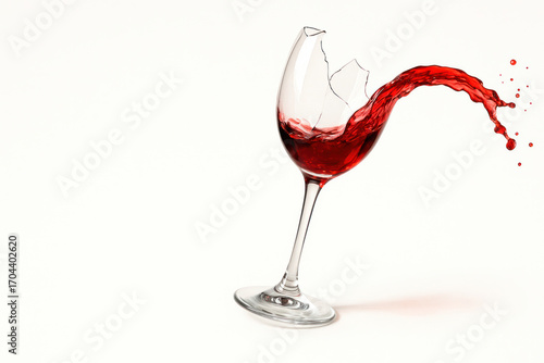 A glass of wine with broken glass and spilled liquid. Space for text.