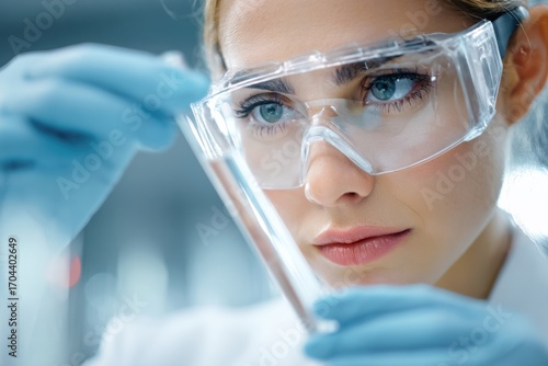 Female scientist in protective eyewear examines test tube with focused expression, showcasing dedication to research and innovation in a laboratory environment
