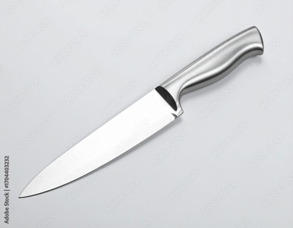 Obraz premium Stainless Steel Chef's Knife on White Background, Kitchen Utensil