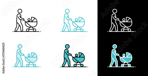 Parent with child in a pram for parenting icon in line and fill style
