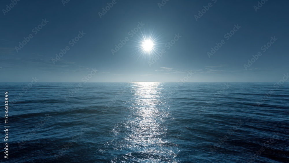 Obraz premium Vast expanse of tranquil ocean surface, illuminated by a bright sun, reflecting serene calmness.