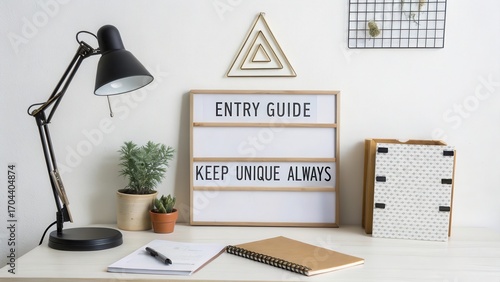 Stylish desk setup with guide sign, plants, and decorative elements