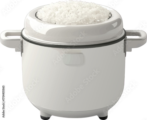 White Rice Cooker with Open Lid Revealing White Rice Grains and Silver Handles appliance kitchen