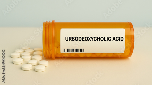 Box of URSODEOXYCHOLIC ACID tablets on a hospital pharmacy table used to dissolve gallstones and protect liver a bile acid supplement.