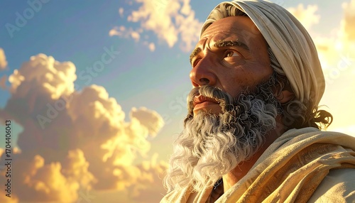 Portrait of a wise biblical prophet with a grey beard looking towards the heavens.