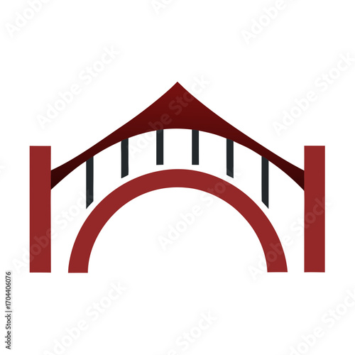 Stylized arch bridge with red roof and dark supports