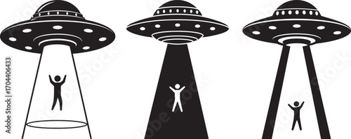 Three classic flying saucer ufos with abduction beams and human silhouettes