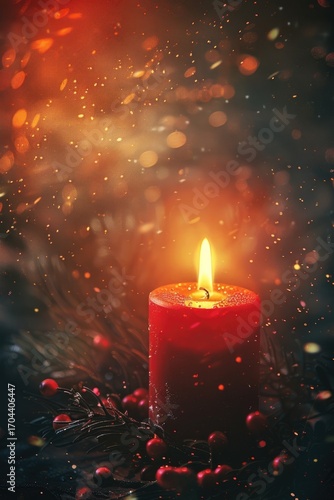 A red candle burns brightly in a dark setting, surrounded by pine branches and small red berries. Soft glowing lights, Christmas vertical banner, copy space, free space for text