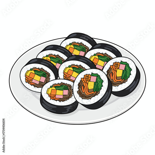 Freshly prepared Korean kimbap rolls artfully arranged on a white plate for a delicious meal