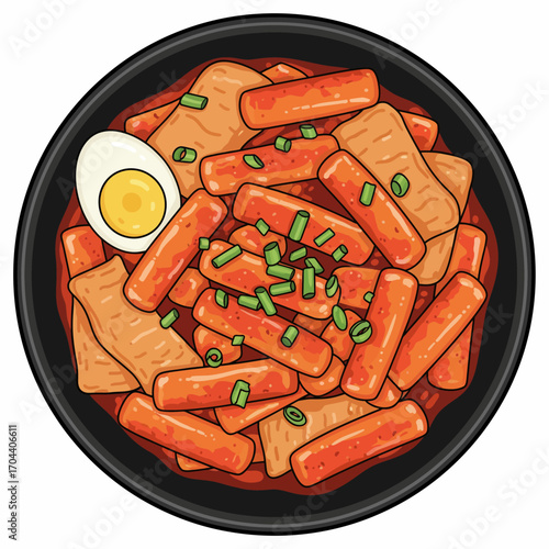 Delectable Korean Tteokbokki dish with fish cakes and egg, a vibrant street food delight