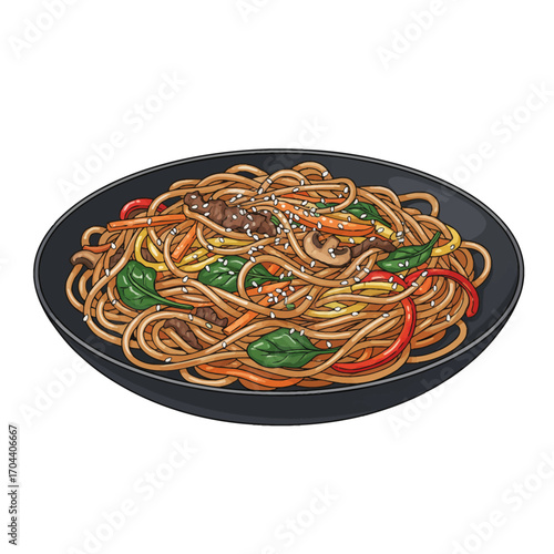Delicious stir-fry noodles with beef, vegetables, and sesame seeds, a flavorful Asian dish.