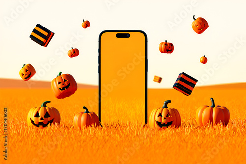 Spooky pumpkins and phone in orange field halloween