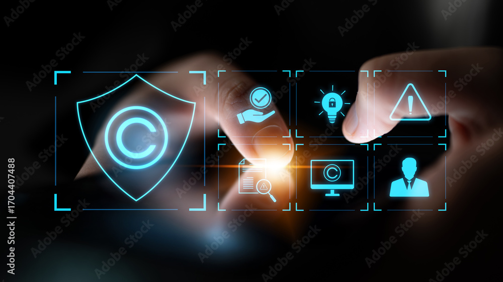 Fototapeta premium Digital copyright protection system showing secure ownership, intellectual property rights, content verification, and legal warning icons for creators and publishers Latch