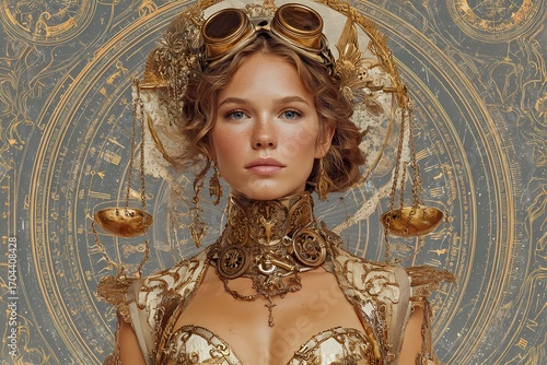Golden Steampunk Woman as Libra Zodiac with Scales and Astrological Symbols, Wearing Brass Jewelry and Goggles, on Ornate Celestial Background with Blue-Gold Color Palette