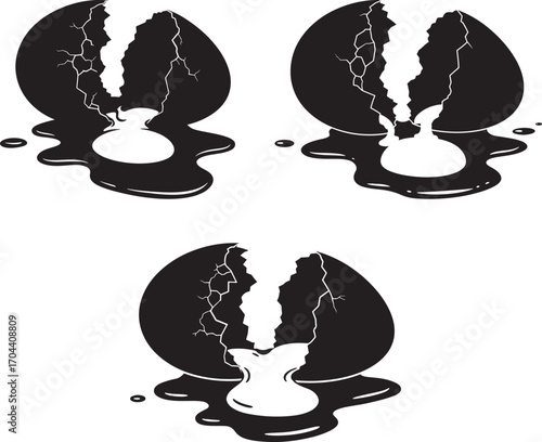 Three cracked black eggs with dripping contents silhouette
