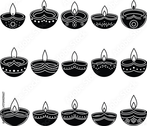 Vector art of collection of decorative diyas