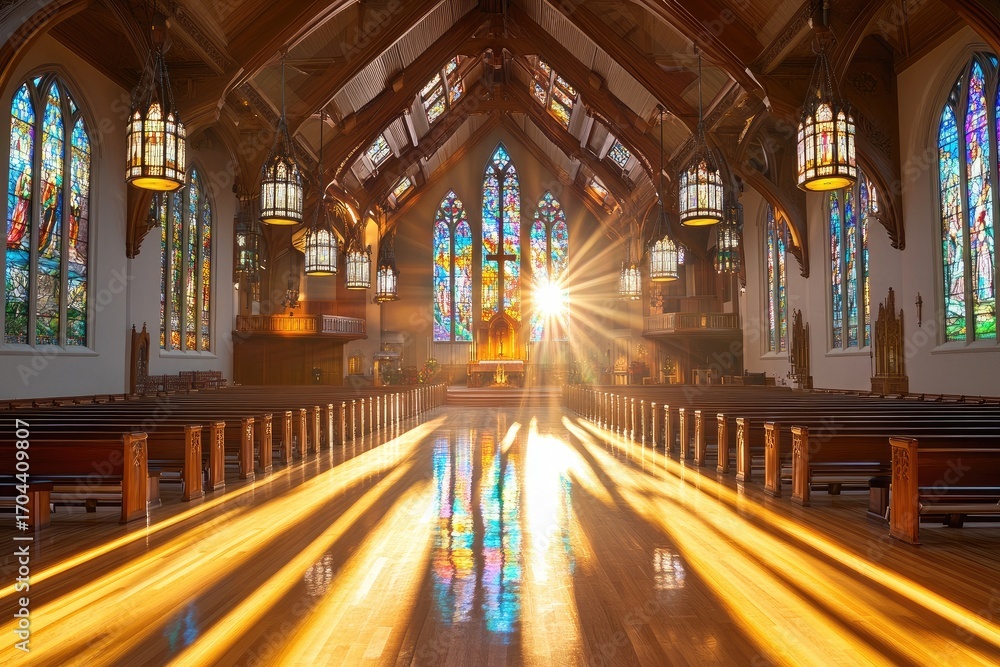 Fototapeta premium Sunlight streams through stained glass windows in a grand church.