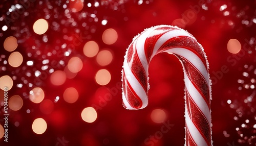 Close Up Of A Frosted Candy Cane With Swirling Red And White Stripes Against A Blurred Red Background With Sparkling Sugar Crystals
