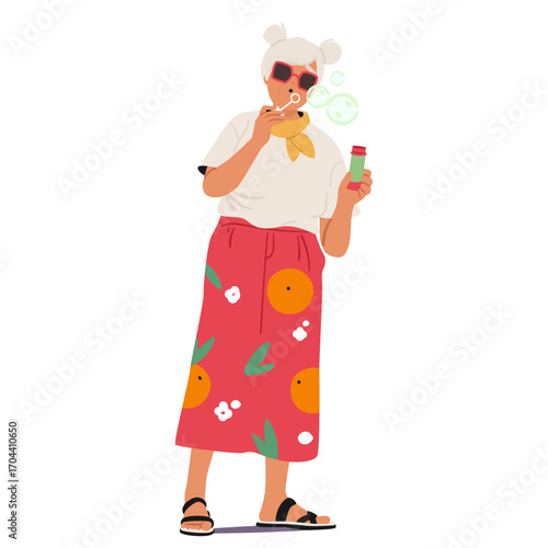 Cute carefree retired woman cartoon character blowing soap bubbles isolated on white background
