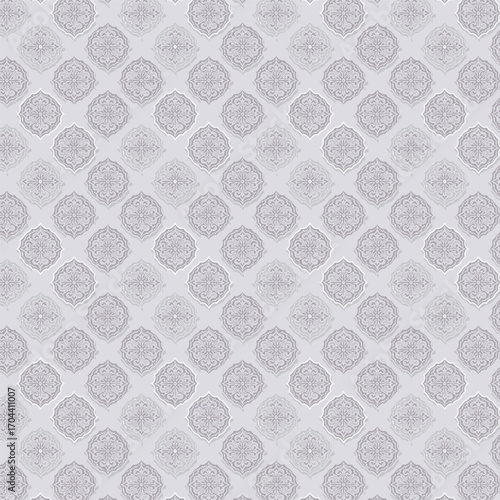 Vector volumetric damask seamless pattern element. Elegant luxury embossed texture for wallpapers, backgrounds and page fill. 3D elements with shadows and highlights.