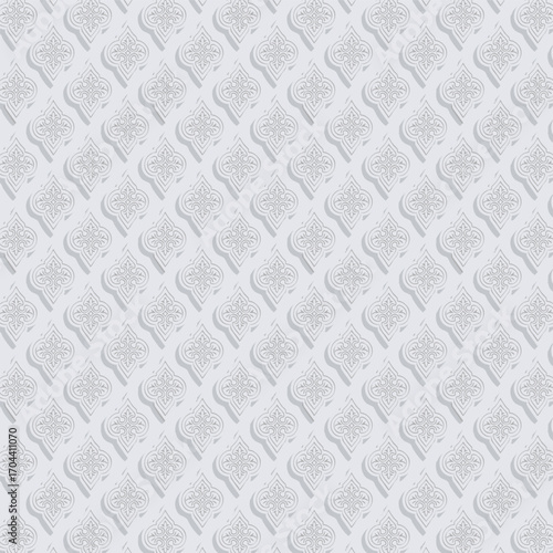 Vector volumetric damask seamless pattern element. Elegant luxury embossed texture for wallpapers, backgrounds and page fill. 3D elements with shadows and highlights.