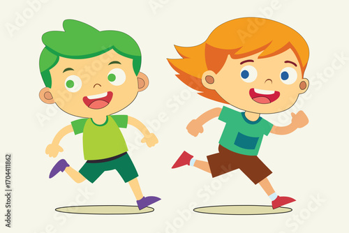 Two Happy Cartoon Children Running Together with Green and Orange Hair kids playing