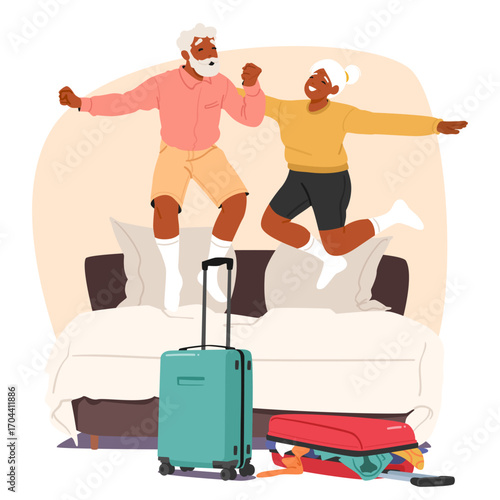 Happy elderly couple jumping on bed celebrating pension preparing luggage for travel cartoon scene