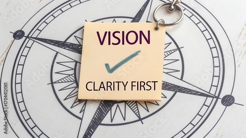Vision Clarity First Text on Post-it Note with Compass Background