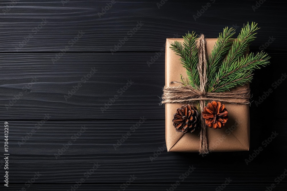 Obraz premium Gift box decorated with pine sprigs and pinecones on a dark wooden surface.