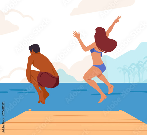 Man and woman tourists jumping into sea water from wooden pier enjoying swimming activity at beach