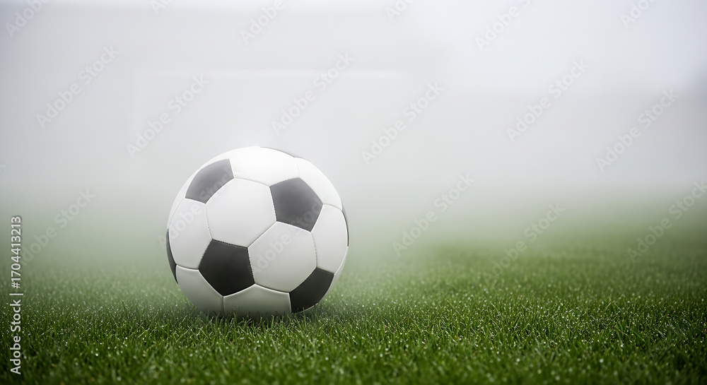 Fototapeta premium Classic black and white soccer ball resting on lush green grass with a foggy background creating a dramatic atmosphere for sports enthusiasts and athletes