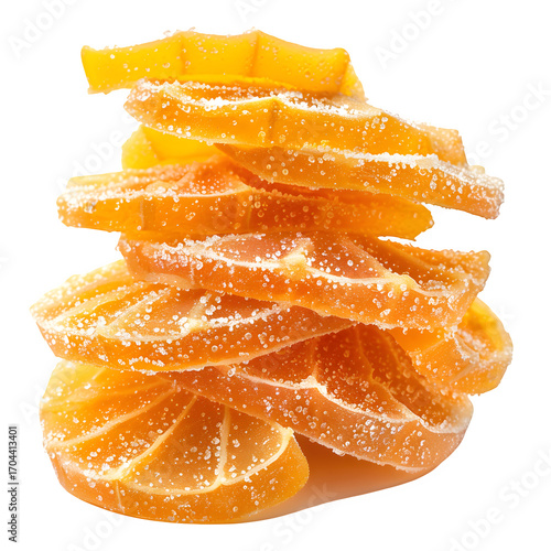Candied citrus peel stack sugar dessert holiday treat isolated transparent background product in clear view with natural colors and sharp focus on a plain background. Simple clean style for stock use