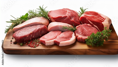 Assorted Fresh Cuts Of Meat With Herbs On Wooden Board Isolated With Transparent Background