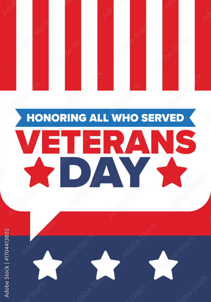 Naklejka premium Veterans Day in United States. Federal holiday, celebrated annual in November 11. Honoring all who served. Patriotic american military concept. Poster, card, banner and background. Vector illustration