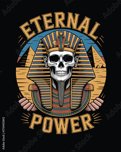 Pharaoh Skull T-Shirt Vector Design with Crown and Pyramids