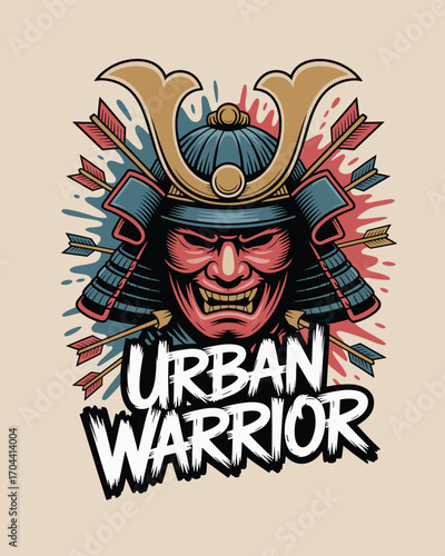 Samurai Mask Graffiti T-Shirt Vector Design with Urban Splash Art