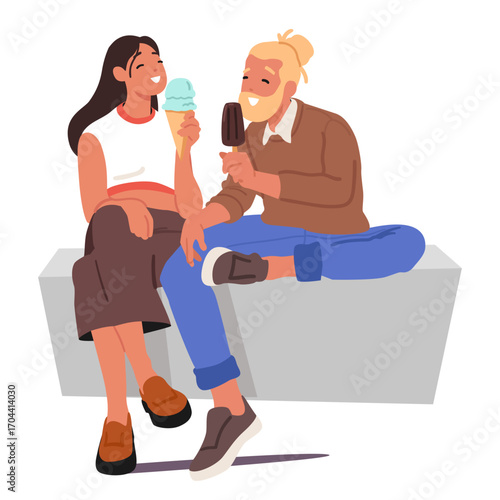 Man and woman cartoon characters enjoying sweet ice-cream in crispy cone during communication