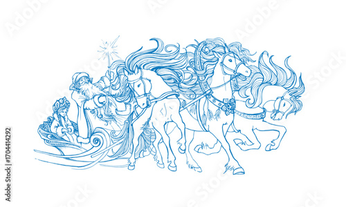 Winter fairytale sketch: Santa Claus and Snow Maiden in a horse-drawn sleigh. Line art with hatching, isolated on white. For coloring books or decor