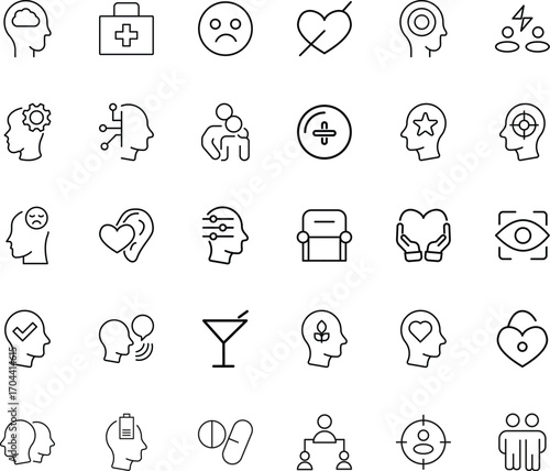 Minimal outline icons pack representing psychology sessions, mental health support, wellness care, stress recovery, communication therapy, emotional awareness, medical treatment, resilience.